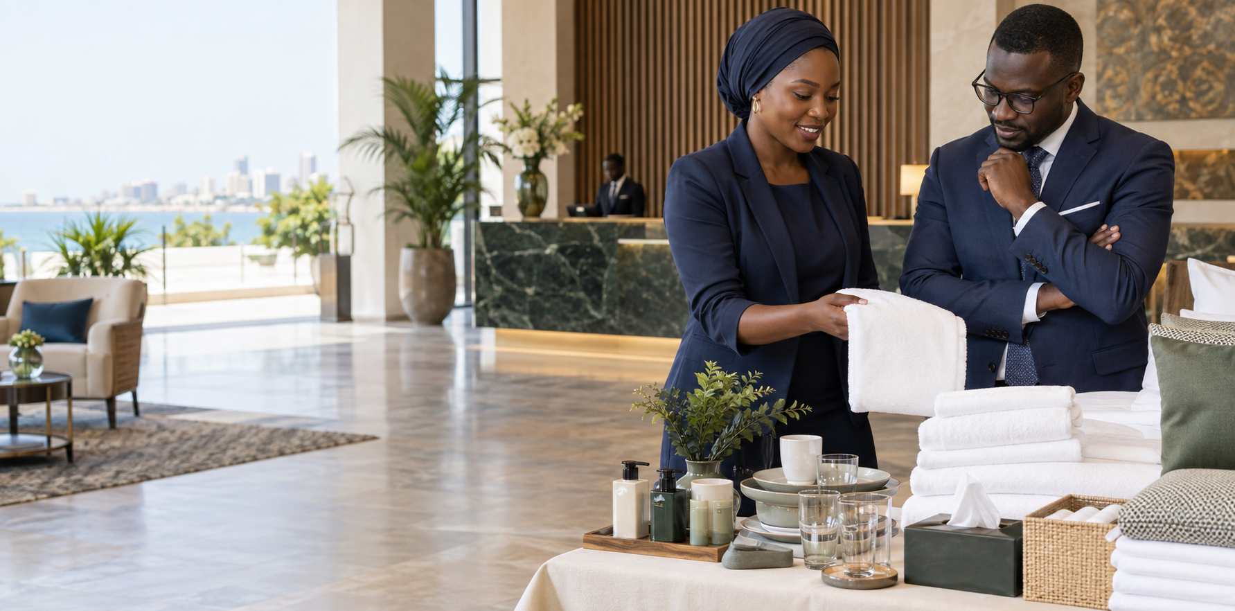 Spécialiste présentant des fournitures à une responsable d'hôtel à Dakar